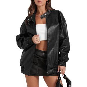 Women Faux Leather Jacket Oversized B-Black Bomber Coat Fall Winter Outfits